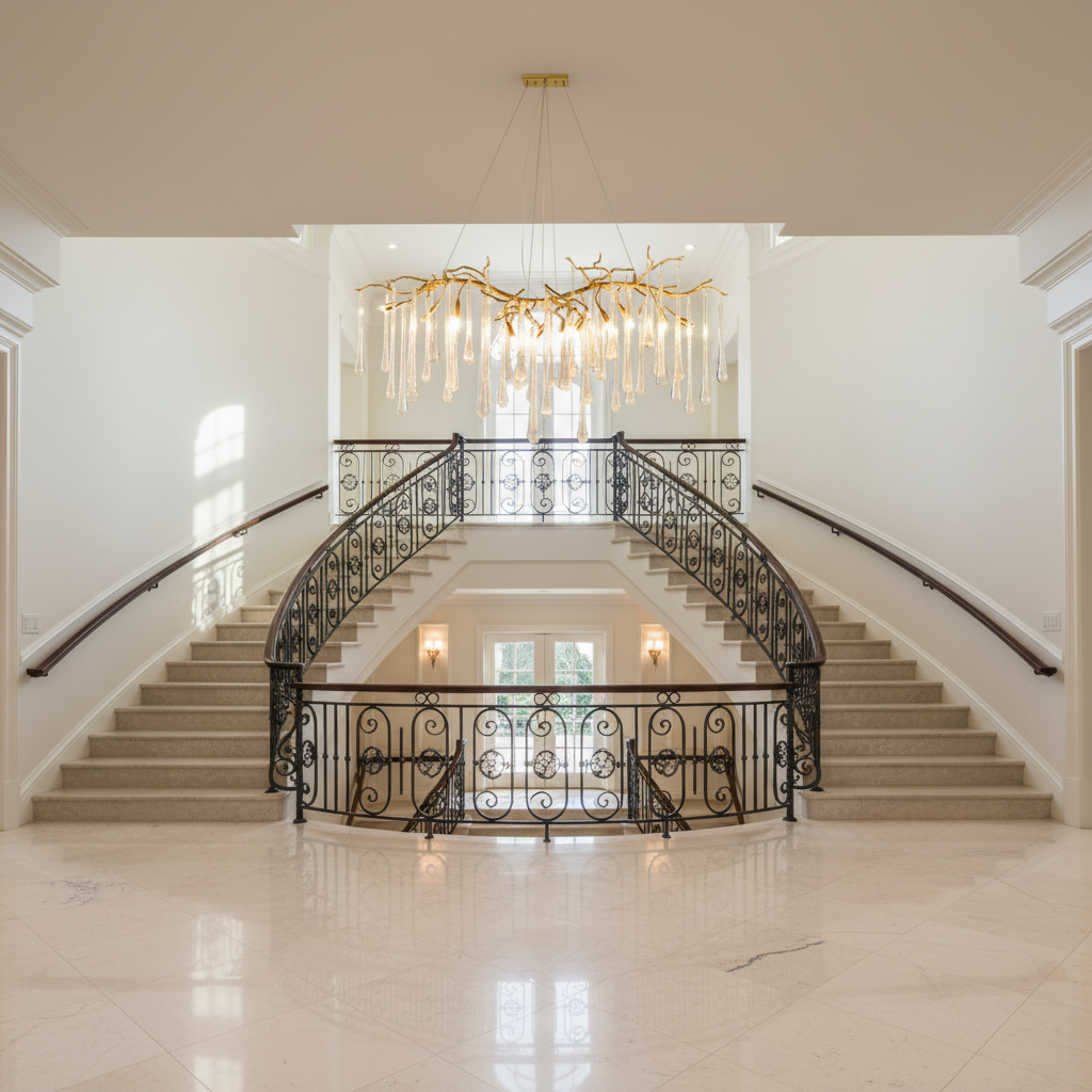 Luster Gaze Veridian Cascade Branch Chandelier - dramatic American stairwell with soaring ceiling