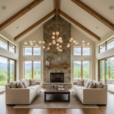 Luster Gaze Aura Branch Glass Globe Chandelier - American transitional great room with cathedral ceiling