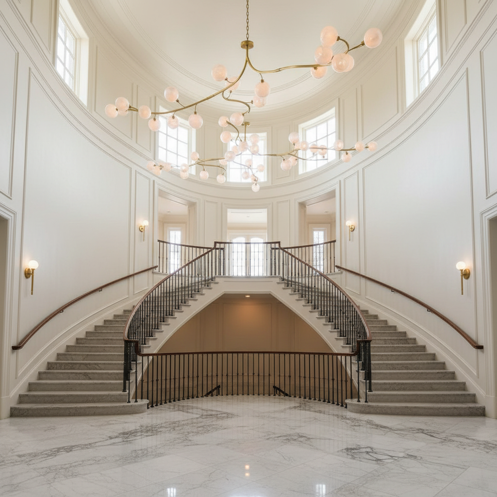 Luster Gaze Aura Branch Glass Globe Chandelier - dramatic American stairwell with soaring ceiling