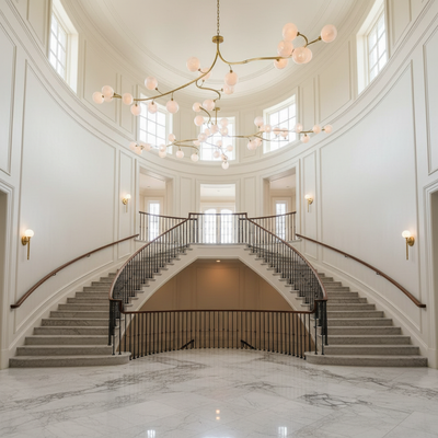 Luster Gaze Aura Branch Glass Globe Chandelier - dramatic American stairwell with soaring ceiling