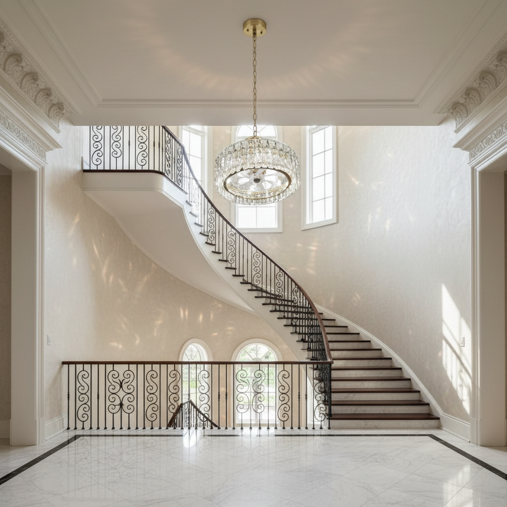 Luster Gaze Celestial Whisper Crystal Fan Chandelier - dramatic American stairwell with soaring ceiling