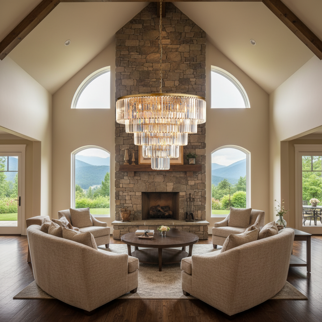 Luster Gaze Veridian Tiered Round Chandelier - American transitional great room with cathedral ceiling