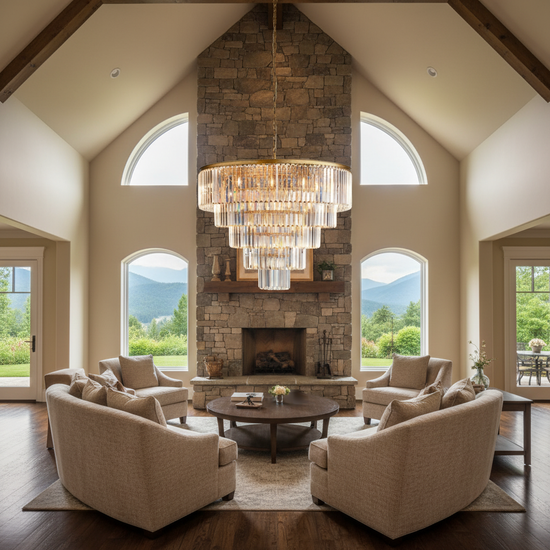Luster Gaze Veridian Tiered Round Chandelier - American transitional great room with cathedral ceiling
