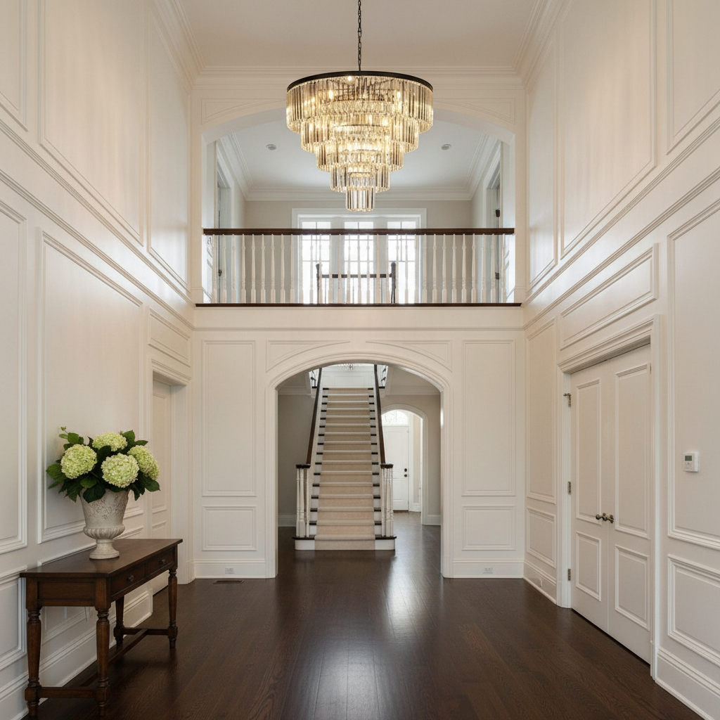 Luster Gaze Veridian Tiered Round Chandelier - elegant American entryway with arched doorway