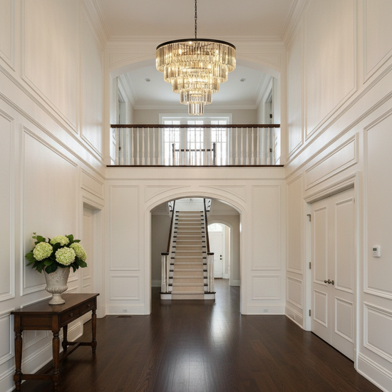 Luster Gaze Veridian Tiered Round Chandelier - elegant American entryway with arched doorway