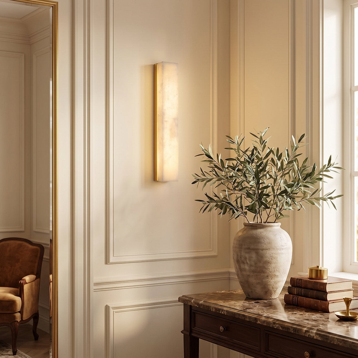 Emerson Alabaster Wall Lamp, 2.4-Inch x H 23.6-Inch, Brass & White, Triac Warm Dimming for Living Room & Dining Room