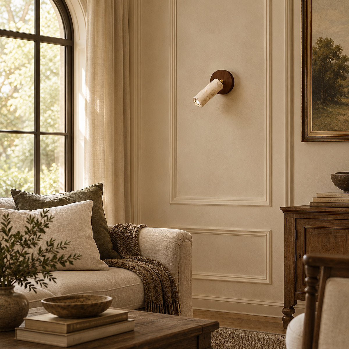 Solis Stone Spotlight, 2.6-Inch x H 6.3-Inch, Walnut Wood & Yellow Travertine, Warm Light for Bedroom & Living Room
