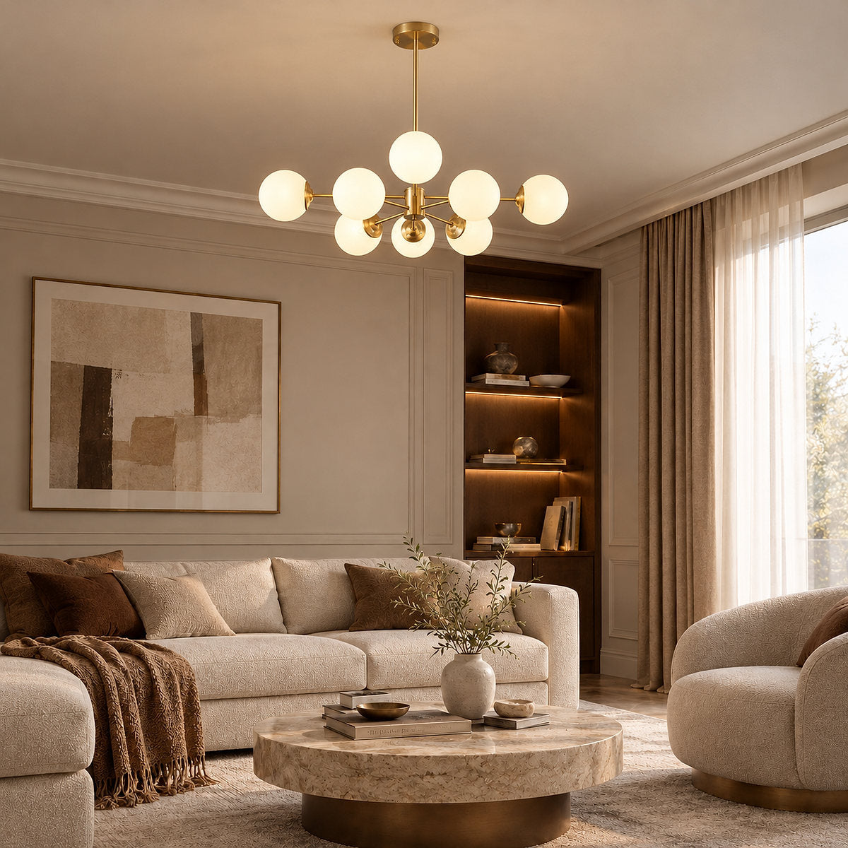 Frosted Glass Orb Brass Chandelier