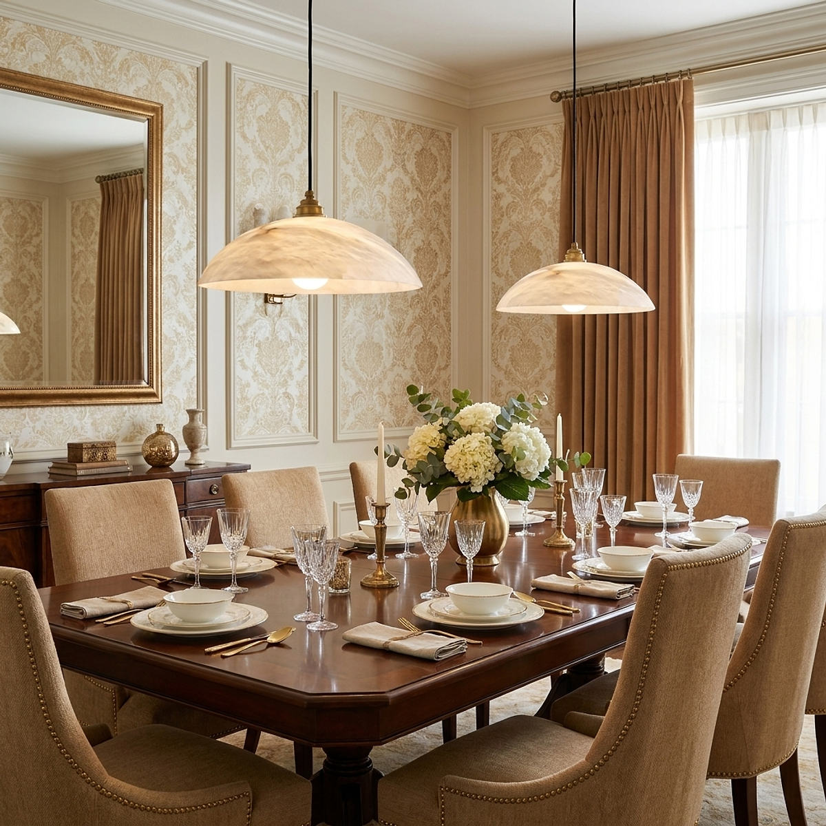 Alabaster Dome Pendant Light Brass & White for Dining Room & Living Room