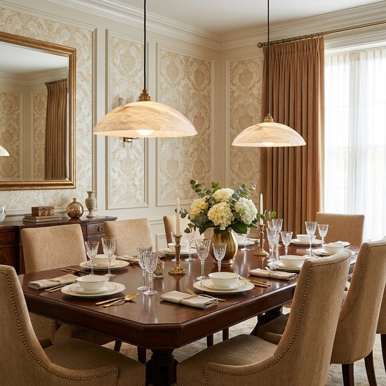 Alabaster Dome Pendant Light Brass & White for Dining Room & Living Room