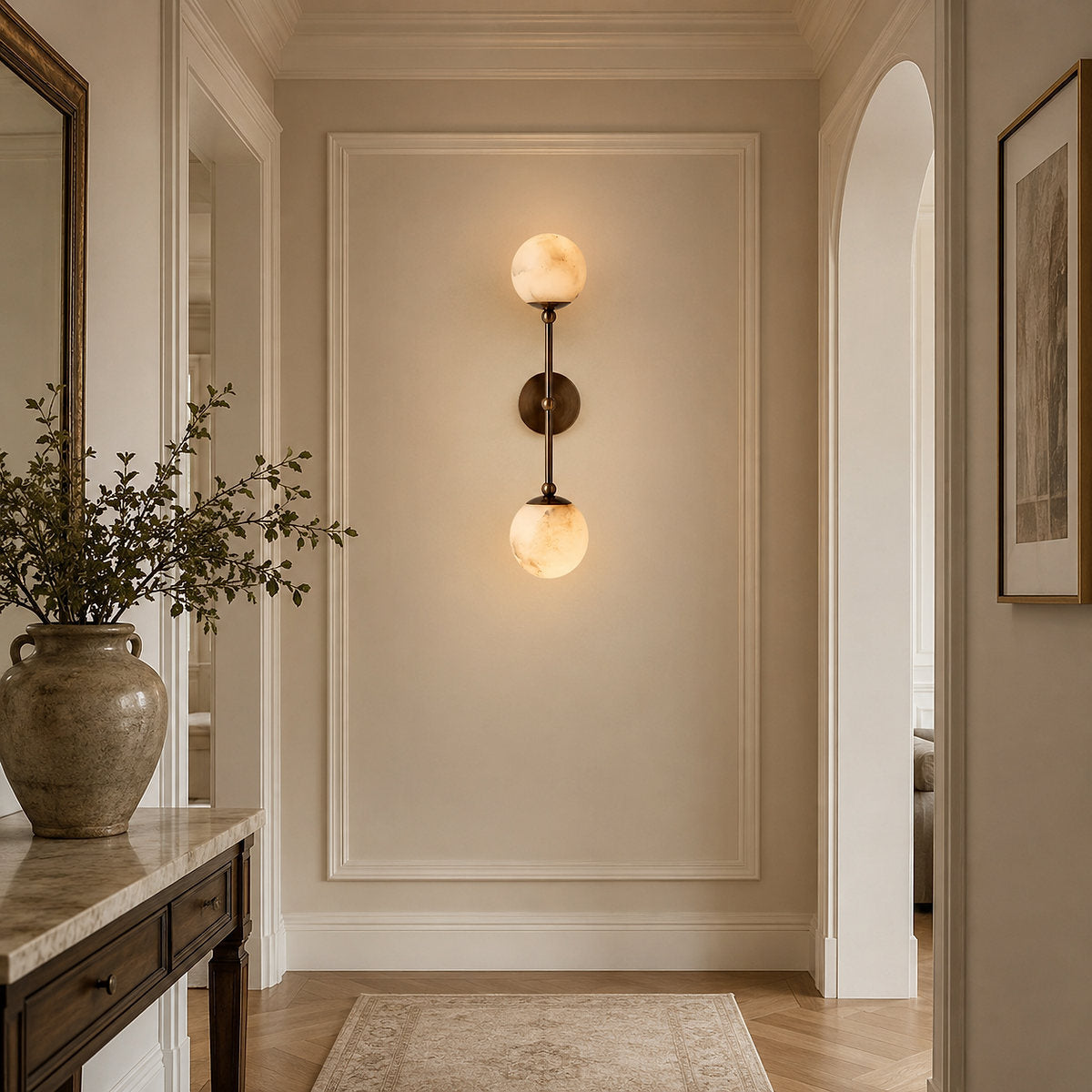 Celestial Double Alabaster Wall Lamp, 4.7-Inch x H 4.7~23.6-Inch, Antique Bronze & White, Warm Light for Living Room & Dining Room