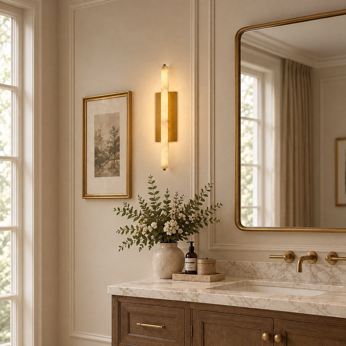 Tricolordeer 25-inch Alabaster Brass Cylindrical Sconce Pair