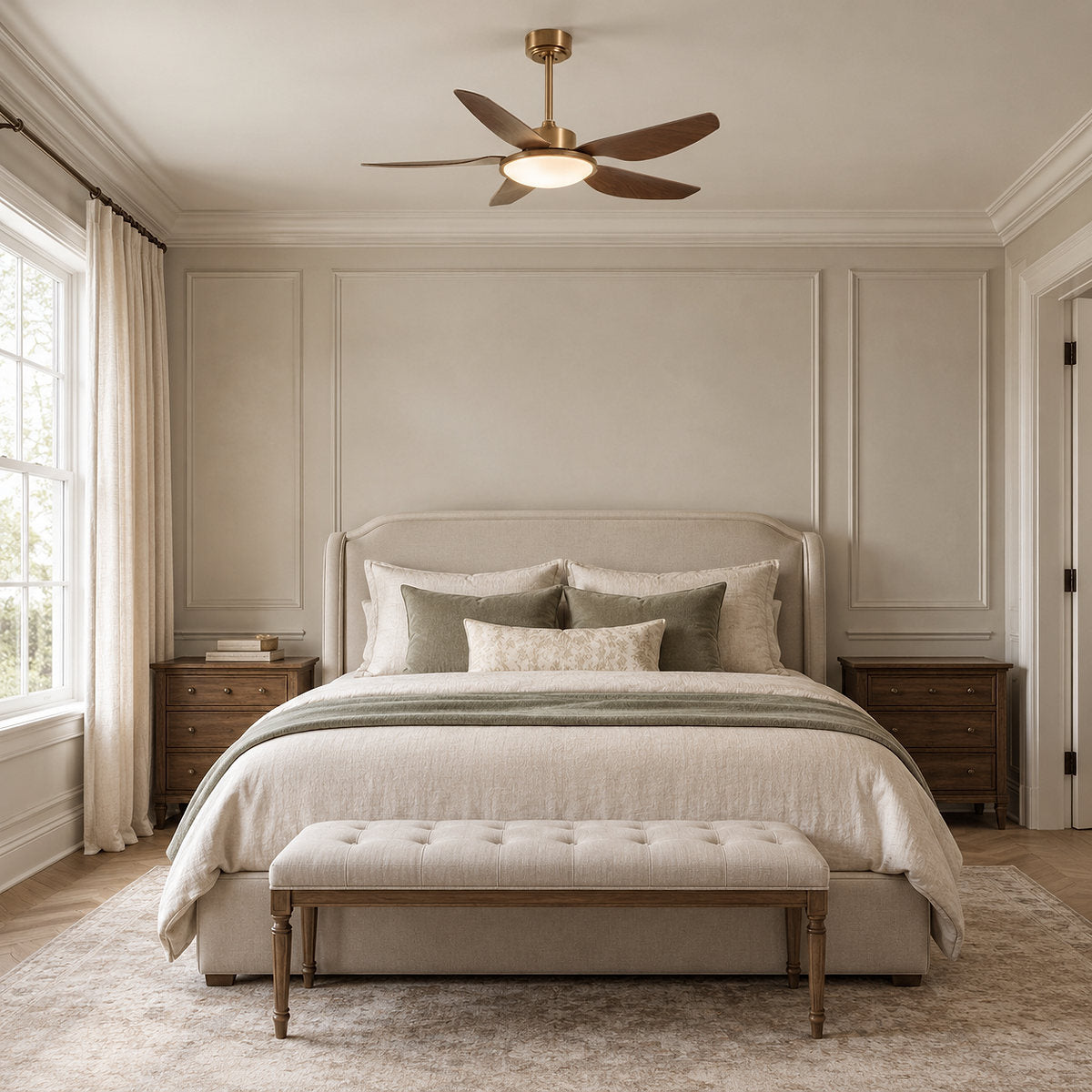 Sirocco Breeze Ceiling Fan Light, 42~48-Inch x H 13.8-Inch, Walnut Grain & Gold & White, Three-Color Light for Living Room