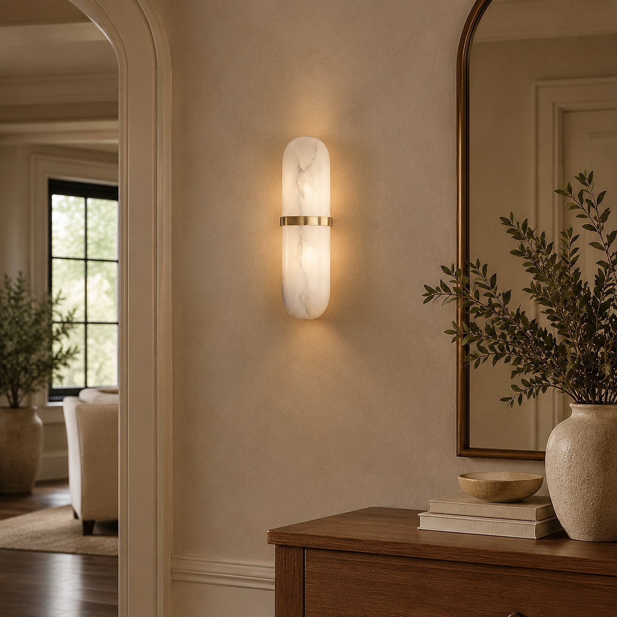 Alabaster Pill Wall Lamp, 3.9~4.7-Inch x H 15.7-Inch, Brass, Warm Light for Living Room & Dining Room