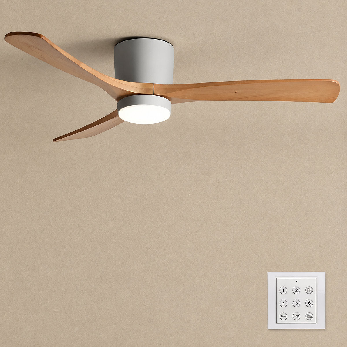 Nordic Wooden Ceiling Fan Light, 42-Inch x H 11-Inch, White & Natural Wood, Power: ~18W & Warm Light for Living Room