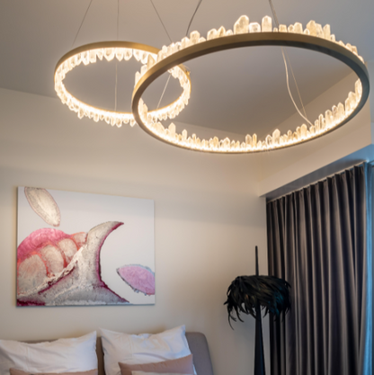 Modern Style Rings Brass & Natural Quartz Crystal Chandelier in Brass/Black Finish