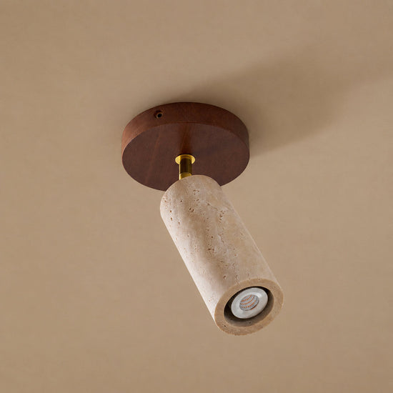 Solis Stone Spotlight, 2.6-Inch x H 6.3-Inch, Walnut Wood & Yellow Travertine, Warm Light for Bedroom & Living Room