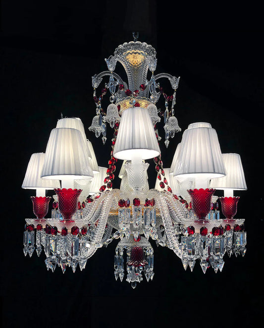 Custom Made 12 Lights Clear & Red Crystal Chandelier in Gold
