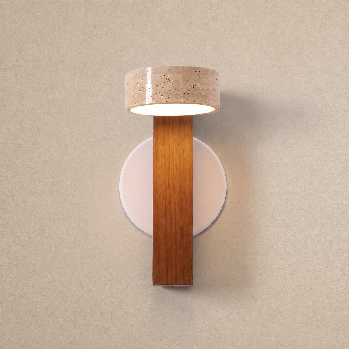 Grove Beam Wall Lamp, 3.9-Inch x H 9.1-Inch, Walnut wood & Yellow Travertine, Warm Light for Living Room & Dining Room