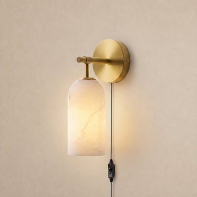 Pillar Alabaster Plug-in Wall Lamp, 3.1-Inch x H 7.1-Inch, Antique Brass & White, US Plug for Bedroom & Living Room