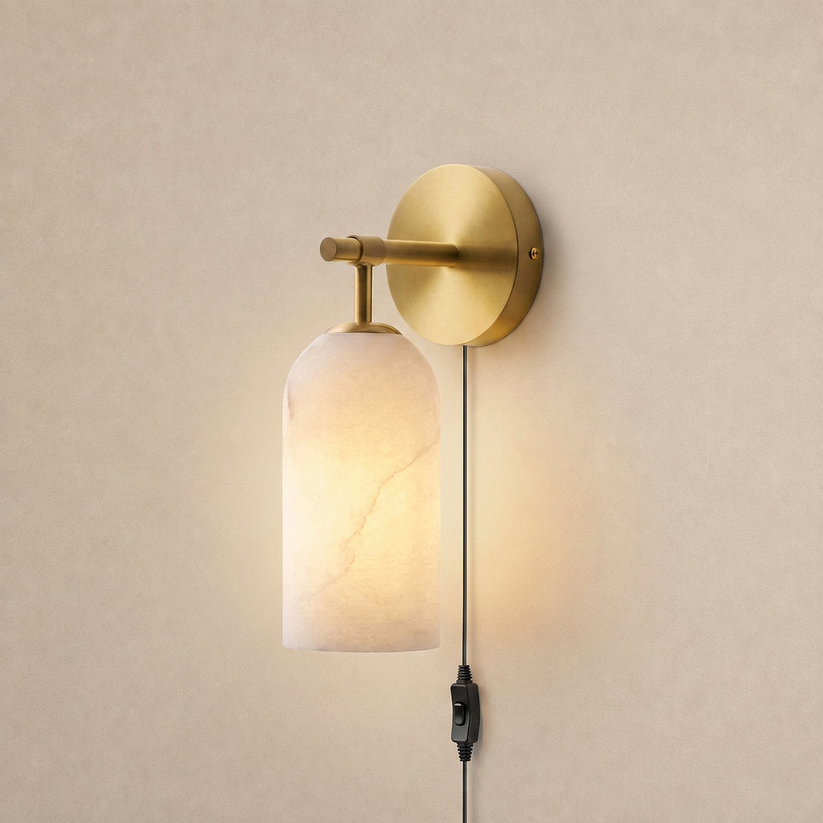 Pillar Alabaster Plug-in Wall Lamp, 3.1-Inch x H 7.1-Inch, Antique Brass & White, US Plug for Bedroom & Living Room