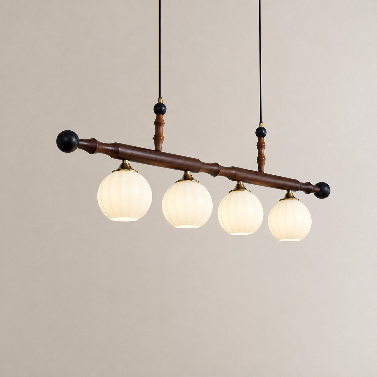 Walnut Linear Pendant with Opal Glass Globes