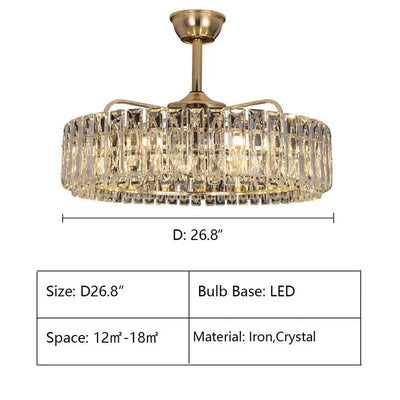 Modern Invisible Blade Fan Light Crystal Chandelier for Living/Dining Room/Bedroom