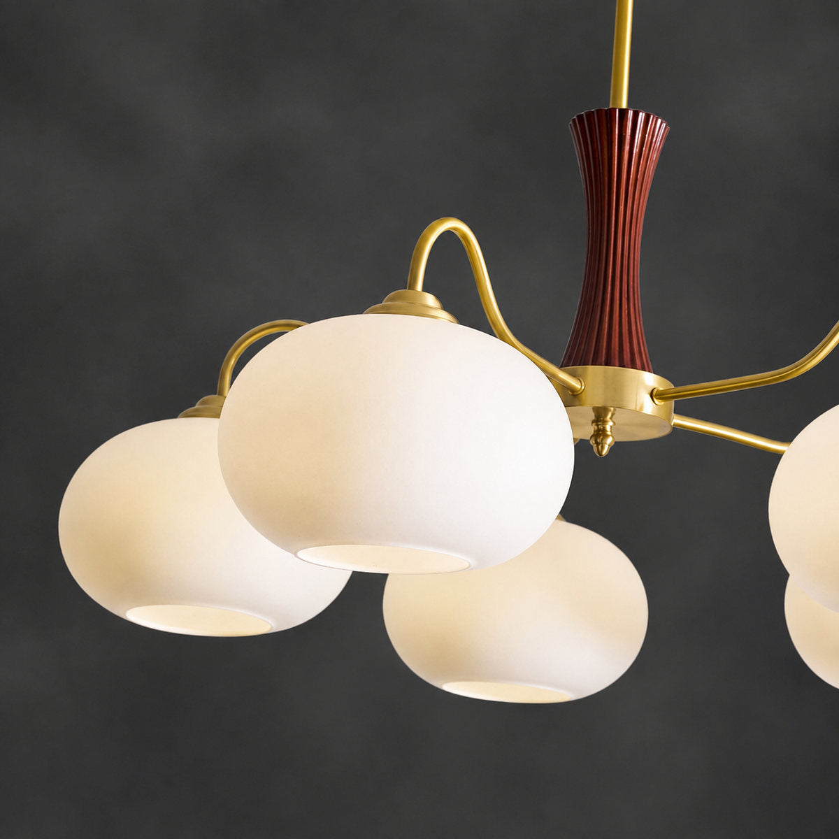 Round Brass and Wood Persimmon Chandelier
