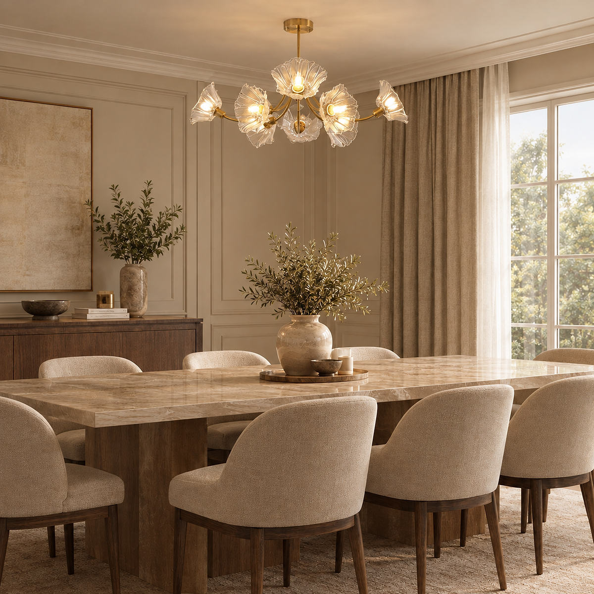 Sculptural Petal Glass Brass Chandelier