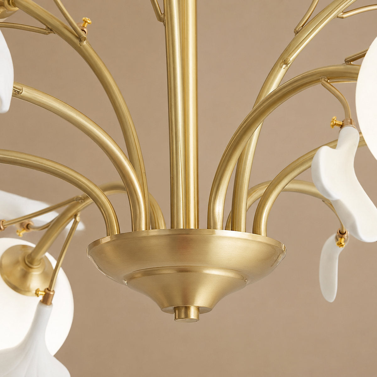 Brass Branch Chandelier with Ceramic Leaves