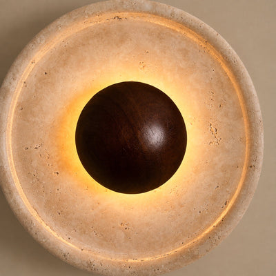 Halo Travertine Wall Lamp, 9.8-Inch x H 9.8-Inch, Wood & Yellow Travertine, Warm Light for Living Room & Dining Room