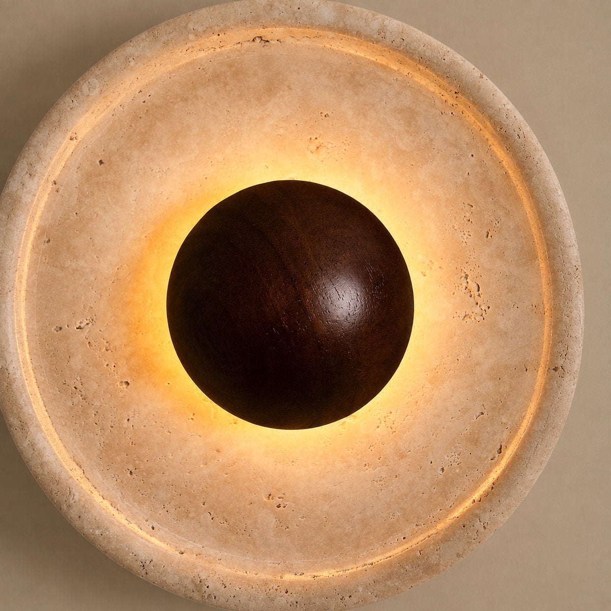 Halo Travertine Wall Lamp, 9.8-Inch x H 9.8-Inch, Wood & Yellow Travertine, Warm Light for Living Room & Dining Room