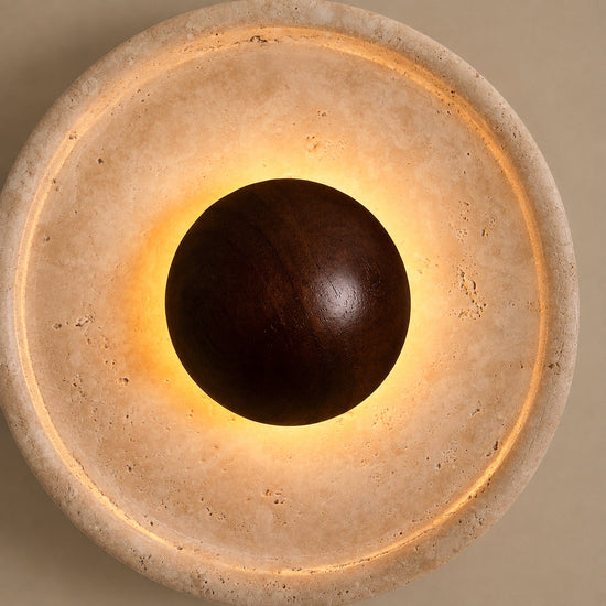 Halo Travertine Wall Lamp, 9.8-Inch x H 9.8-Inch, Wood & Yellow Travertine, Warm Light for Living Room & Dining Room