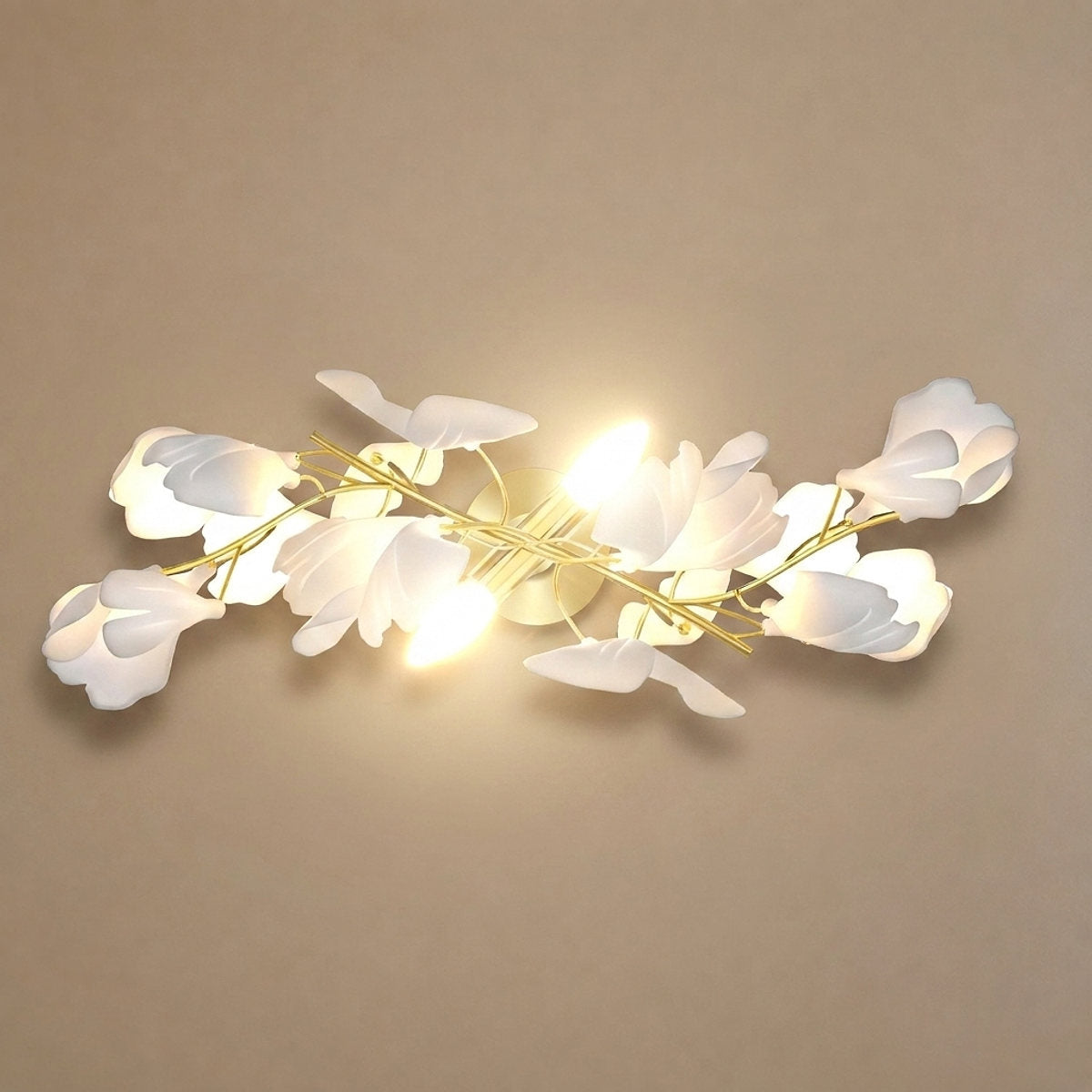 Gingko Flowers Wall Lamp, 11.8-Inch x H 23.6-Inch, Gold & White for Living Room & Dining Room