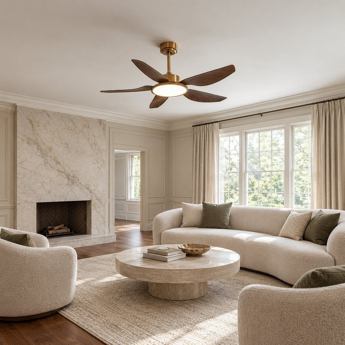 Sirocco Breeze Ceiling Fan Light, 42~48-Inch x H 13.8-Inch, Walnut Grain & Gold & White, Three-Color Light for Living Room