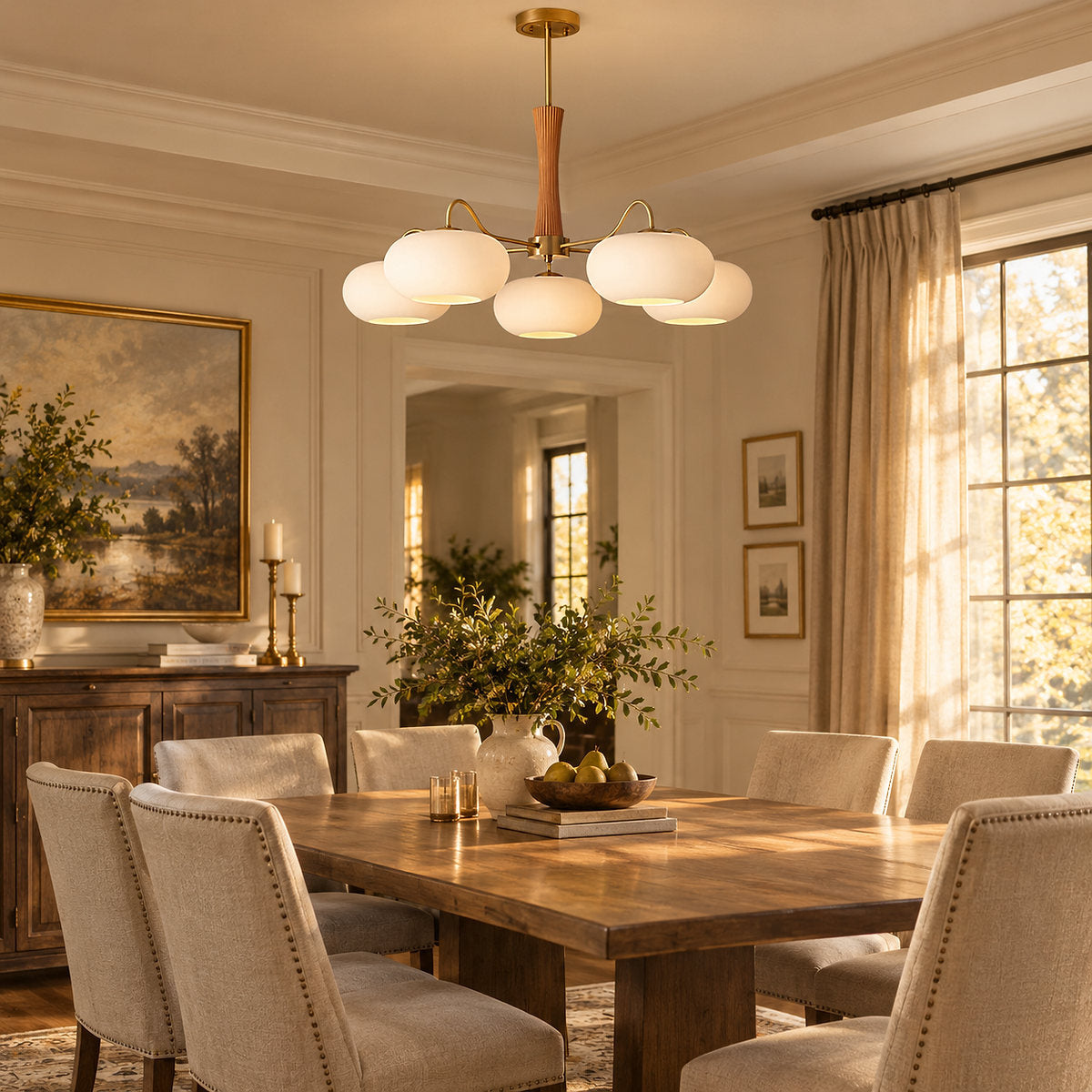 Round Brass and Wood Persimmon Chandelier