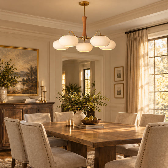 Round Brass and Wood Persimmon Chandelier