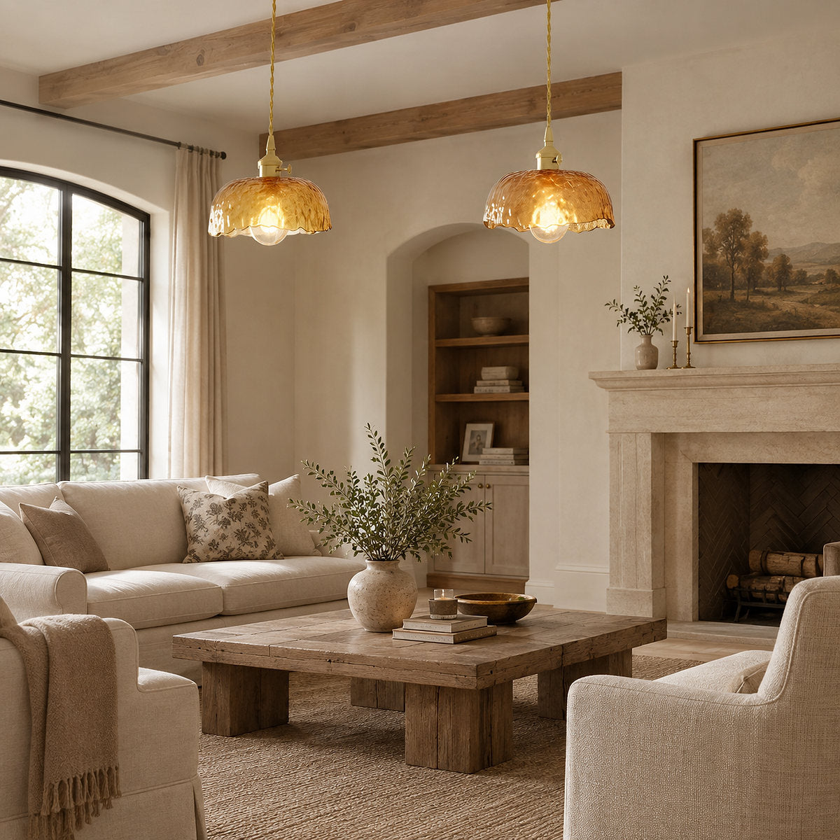 Artisanal Brown Blown Glass Brass Pendant for Dining Room & Living Room