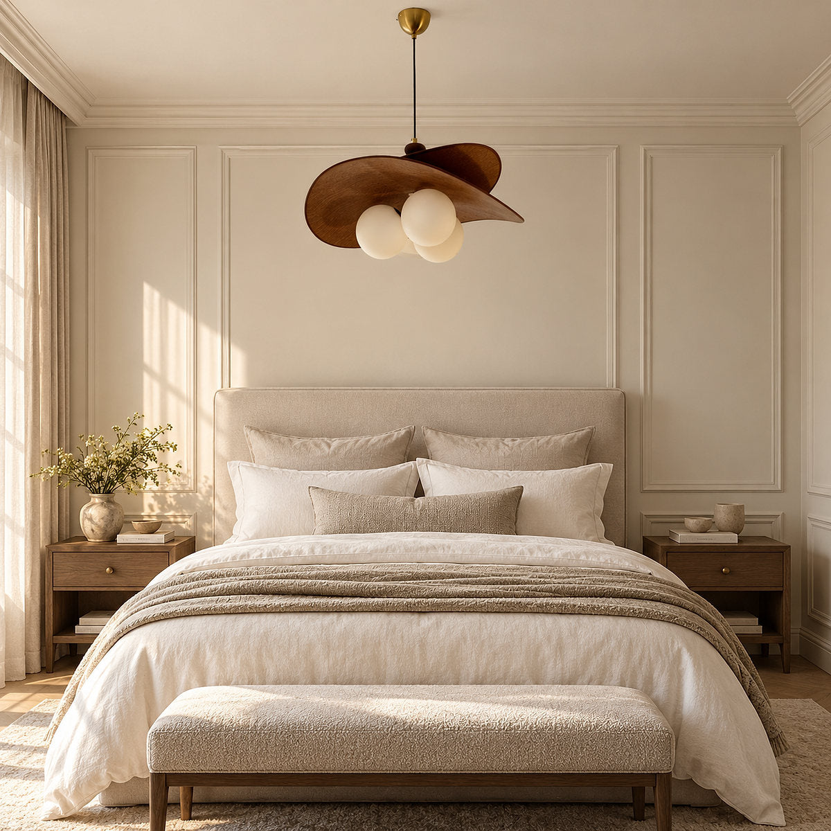 Round Walnut Fabric 3-Light Bloom Petals Chandelier
