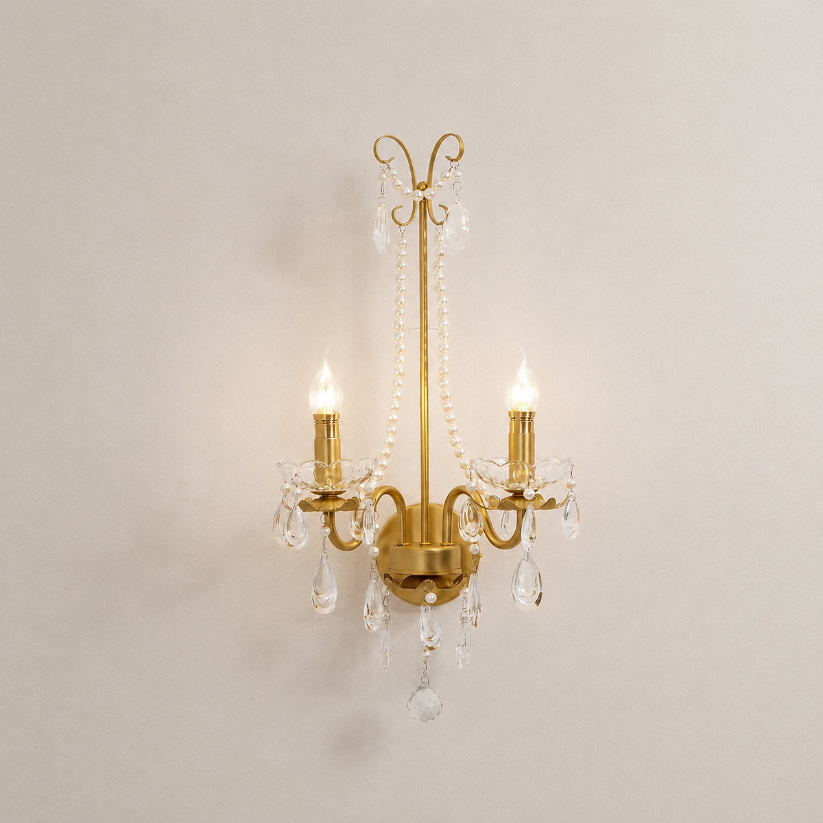 Crystal Pearl Chain Wall Lamp, 16.8-Inch x H 25.2-Inch, Gold & Clear for Living Room