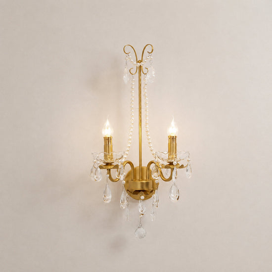 Crystal Pearl Chain Wall Lamp, 16.8-Inch x H 25.2-Inch, Gold & Clear for Living Room