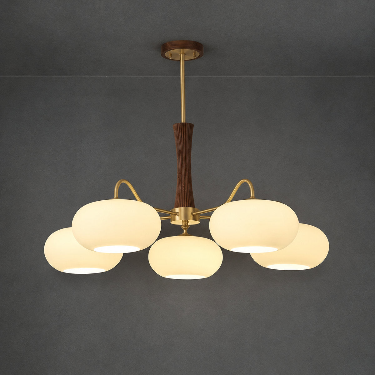 Round Brass and Wood Persimmon Chandelier