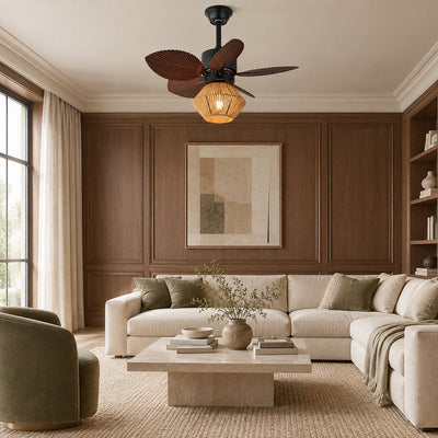 Isla Ceiling Fan Light, 30-Inch x H 13.8-Inch, Walnut Wood Grain & Black for Living Room