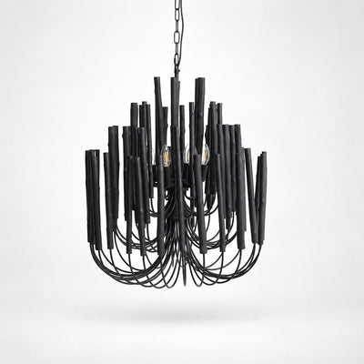 Tiered Wood and Curved Iron Chandelier