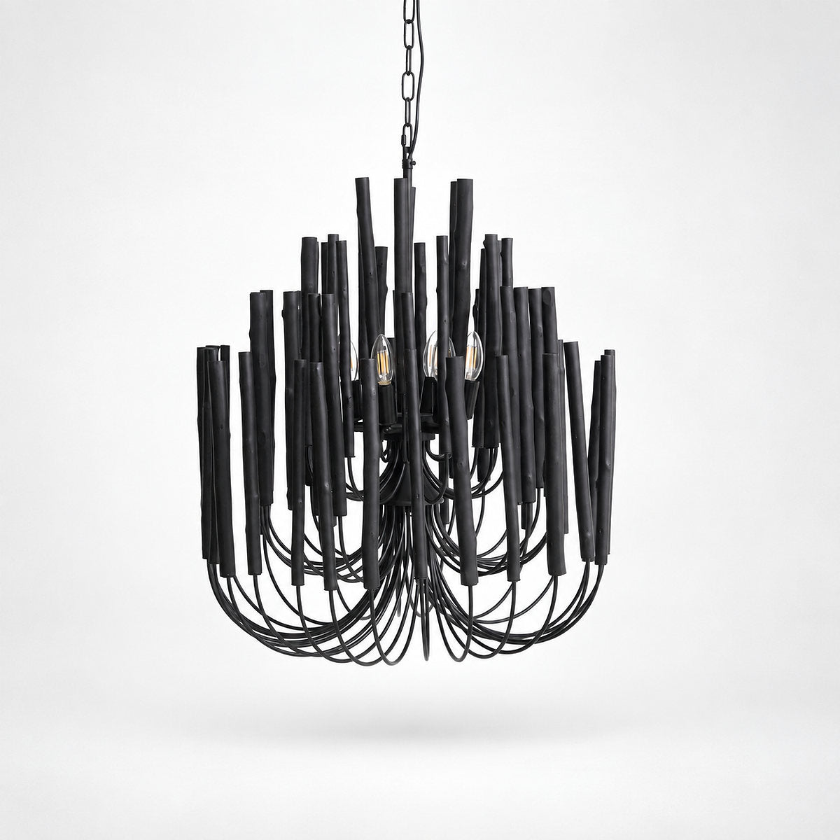 Tiered Wood and Curved Iron Chandelier