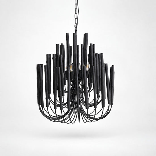 Tiered Wood and Curved Iron Chandelier