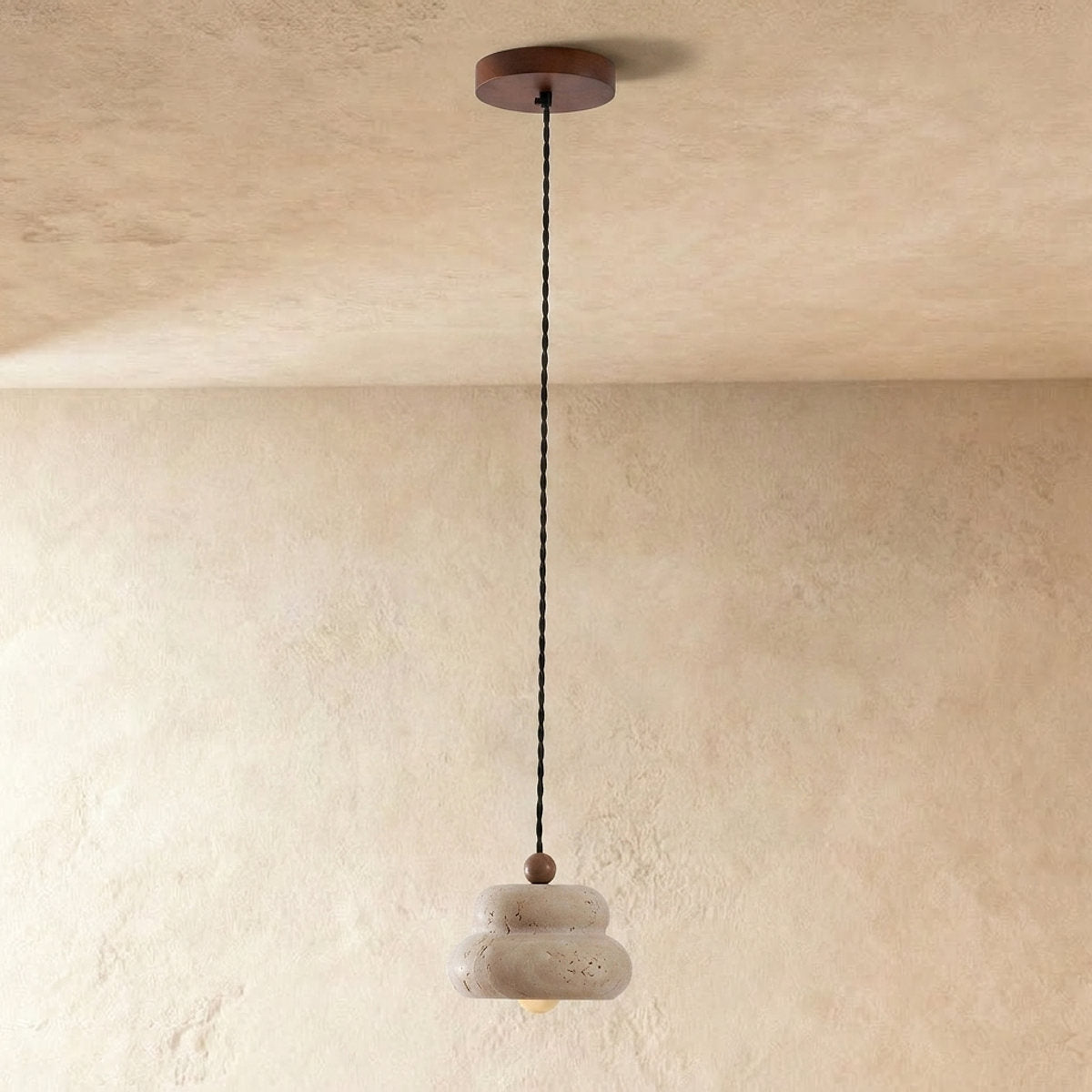 Walnut and Travertine Pendant Lamp Yellow Travertine for Dining Room & Living Room