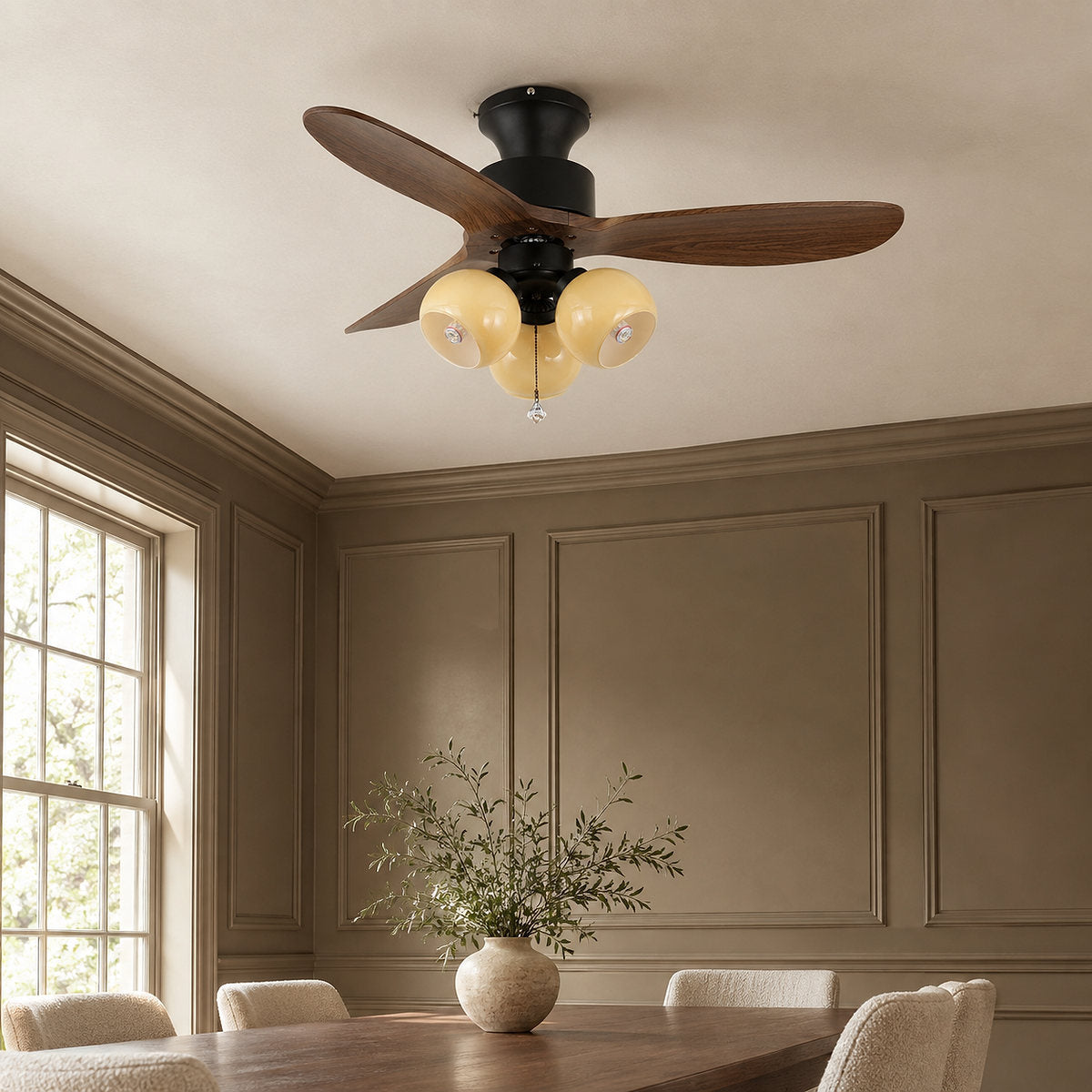 Lumo Orb Ceiling Fan Light, 36~42-Inch x H 11.8-Inch, Orange & Walnut Wood for Living Room