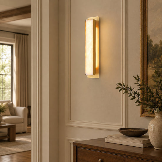 Velmora Alabaster Wall Lamp, 5.1-Inch x H 20.1-Inch, Gold & White, Warm Light for Living Room & Dining Room