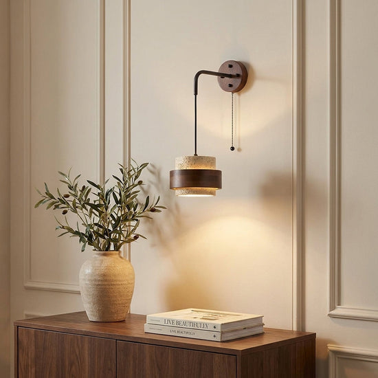 Stonova Travertine Wall Lamp, 6.7-Inch x H 4.9-Inch, Dark walnut & Yellow Travertine for Living Room & Dining Room
